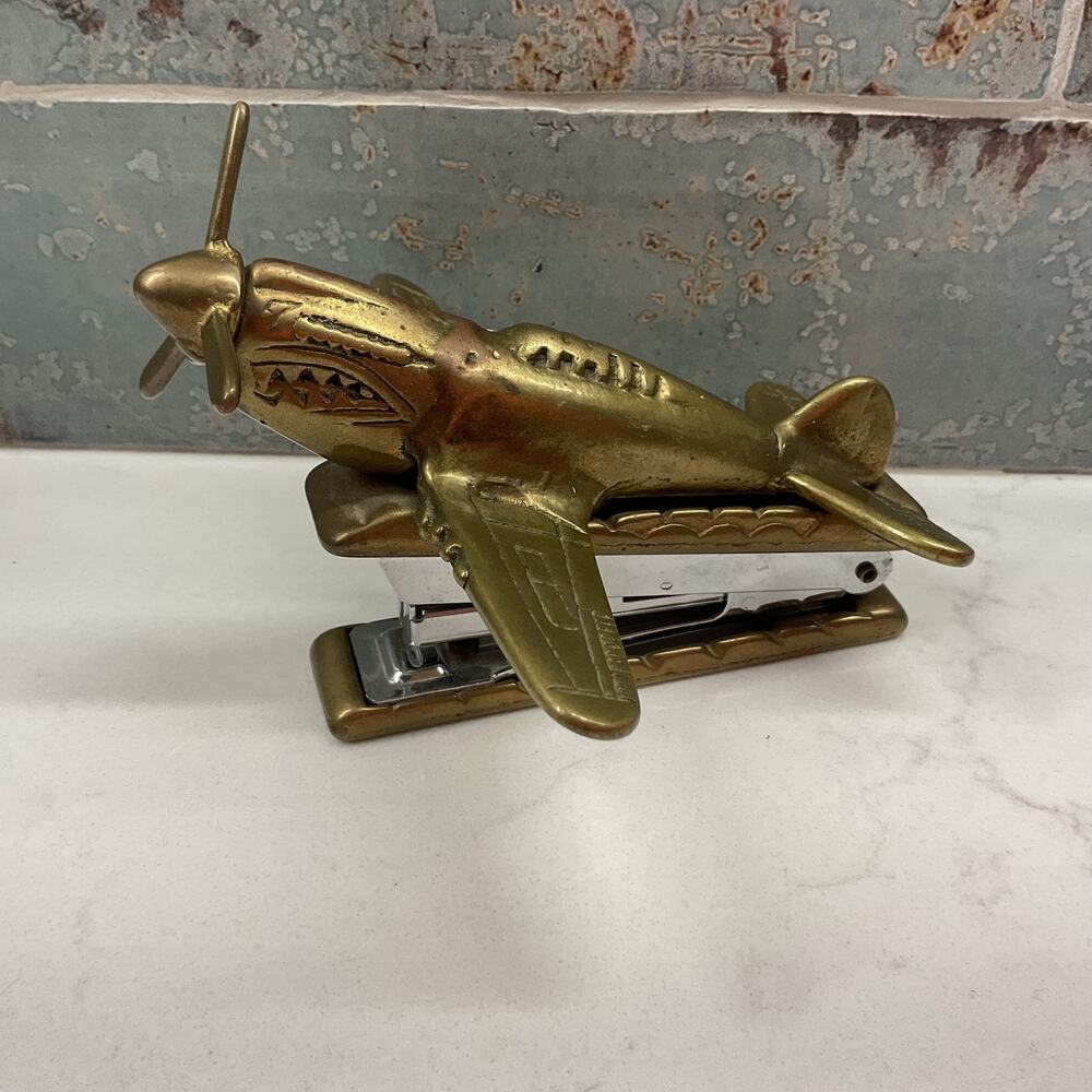 Vtg P-51D Mustang WW2 Fighter Airplane Desk Novelty Brass Stapler Paperweight